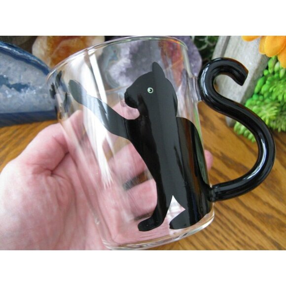 New Hand Painted Black Cat & Bats Clear Glass Tea Coffee Mug Cup w/ Tail Handle - Picture 4 of 9